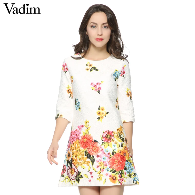 Women's Elegant floral print Dress O neck three quarter sleeve vintage ...