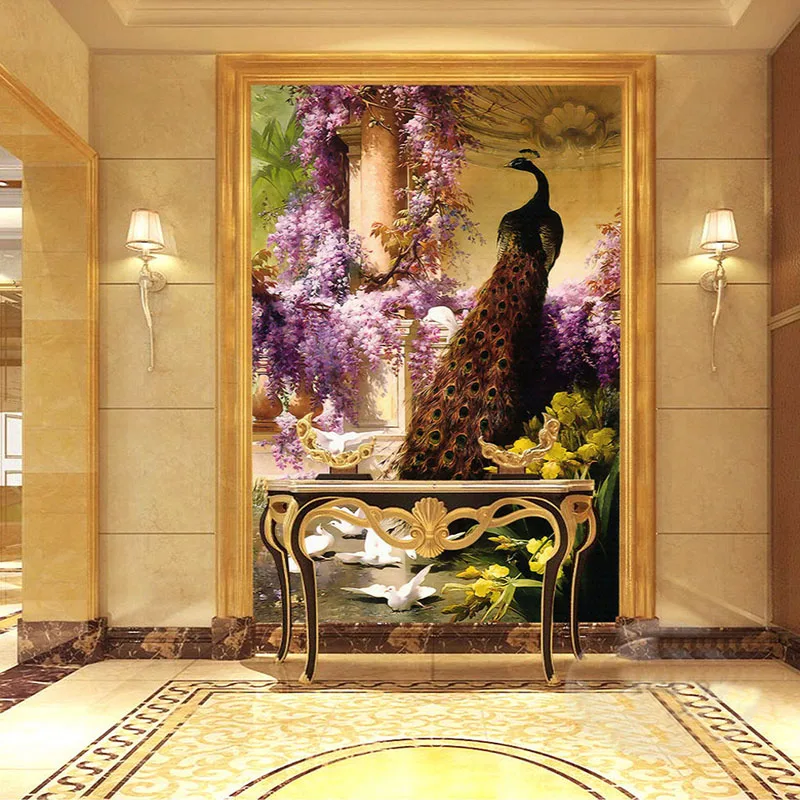 Custom Mural Wallpaper European Style Classic Peacock Entrance