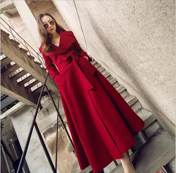 

2019 Women Trench Coat Hepburn Style Full Sleeveless Sash Maxi Swing Coat