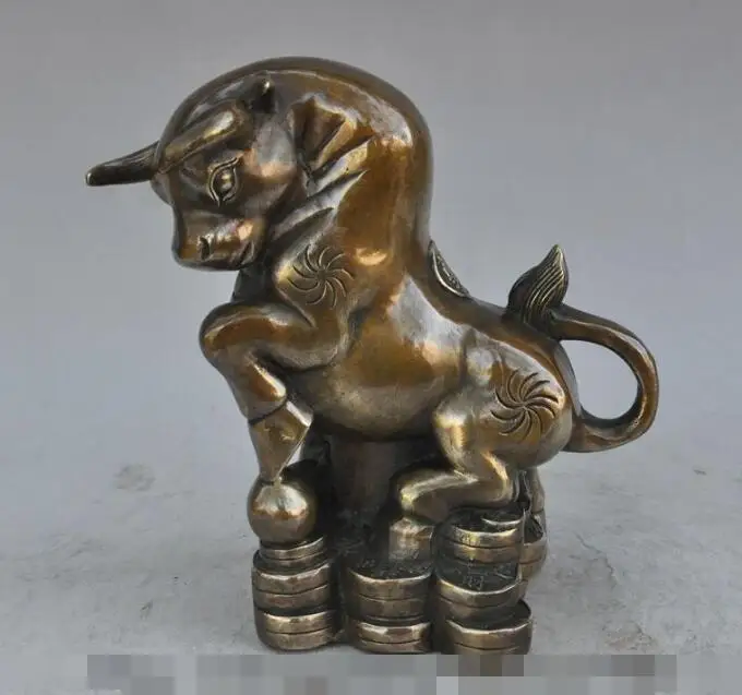 

S4591 9"china fengshui bronze wealth yuanbao money zodiac Ox Bull Cattle Bovine statue
