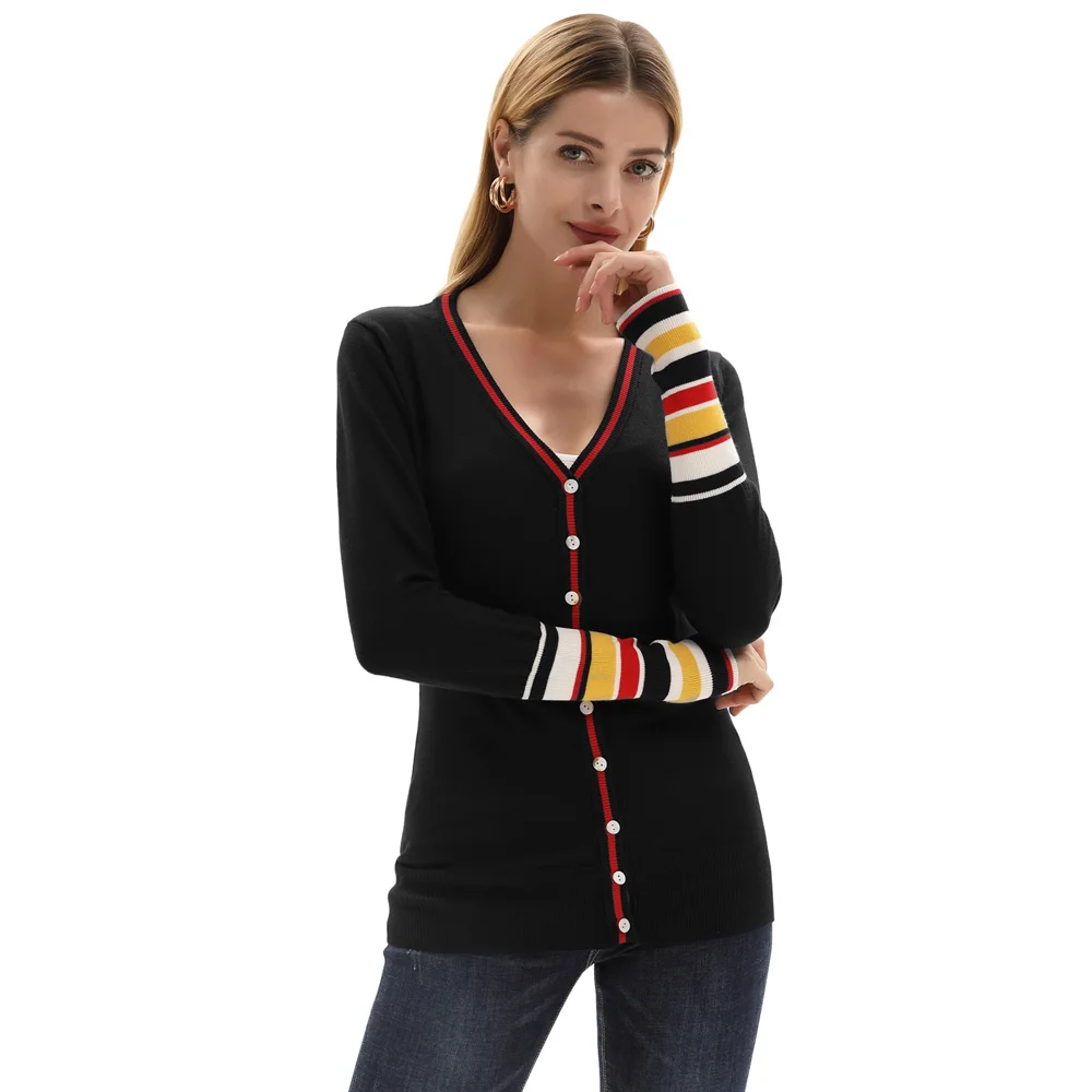 

Kate Kasin Women's Long Sleeve Striped Snap Button Down Contrast Color V Neck Cardigans Crew Neck Soft Knit Cardigan Sweater
