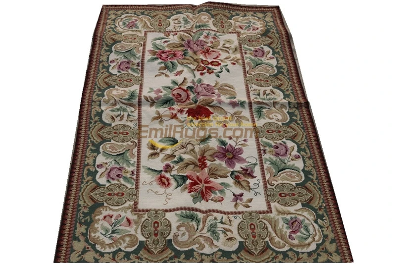 Античный ковер 19-го века с ручной вышивкой, ковер Aubusch, уникальный ковер из шерсти ручной работы