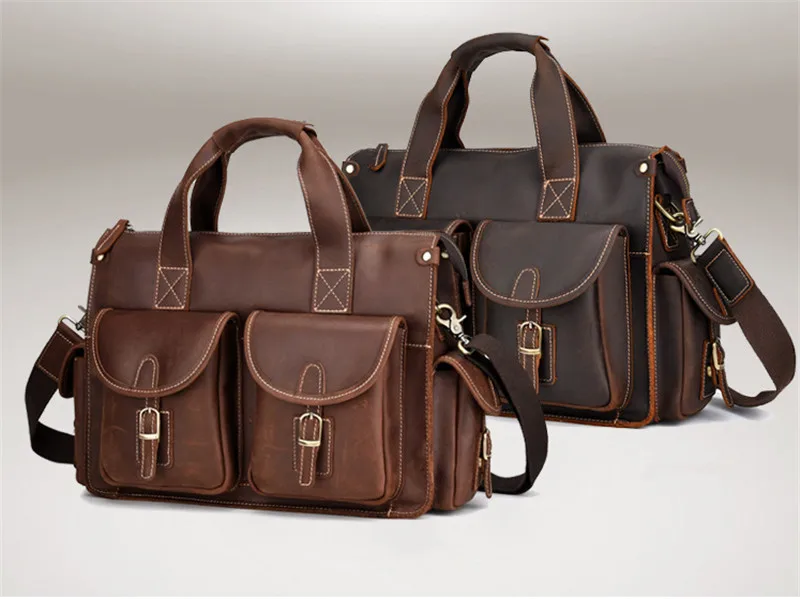 PNDME high quality crazy horse cowhide men's briefcase vintage designer simple multi pocket genuine leather office laptop bag
