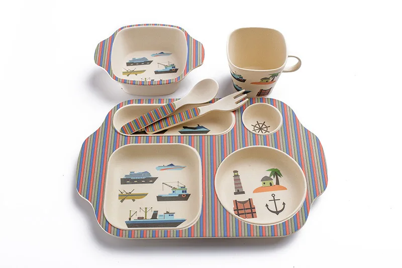 Новое поступление, 5 шт., детская посуда из бамбукового волокна с рисунком кота, лодки, вилки, миски для кормления детей, миска, чашка, ложка, тарелка, столовая посуда - Цвет: BB7018 ocean fleet