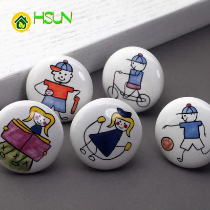 2Pcs Children's Ceramic Cartoon handle Clothes Shoes Doors Drawers handle Rural Reading Sports Series