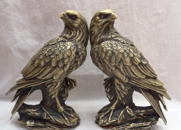 

JP S0114 9" Chinese Bronze Folk FengShui Lanneret Tercel Fly Bird Eagle Head Statue Pair