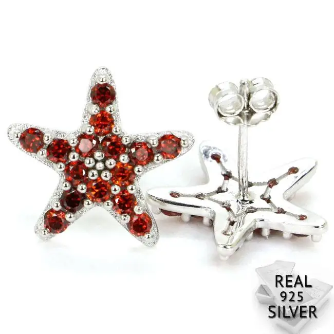 

2.4g Real 925 Solid Sterling Silver Ravishing Star Shape Blood Ruby Woman's Stud Earrings 15x15mm