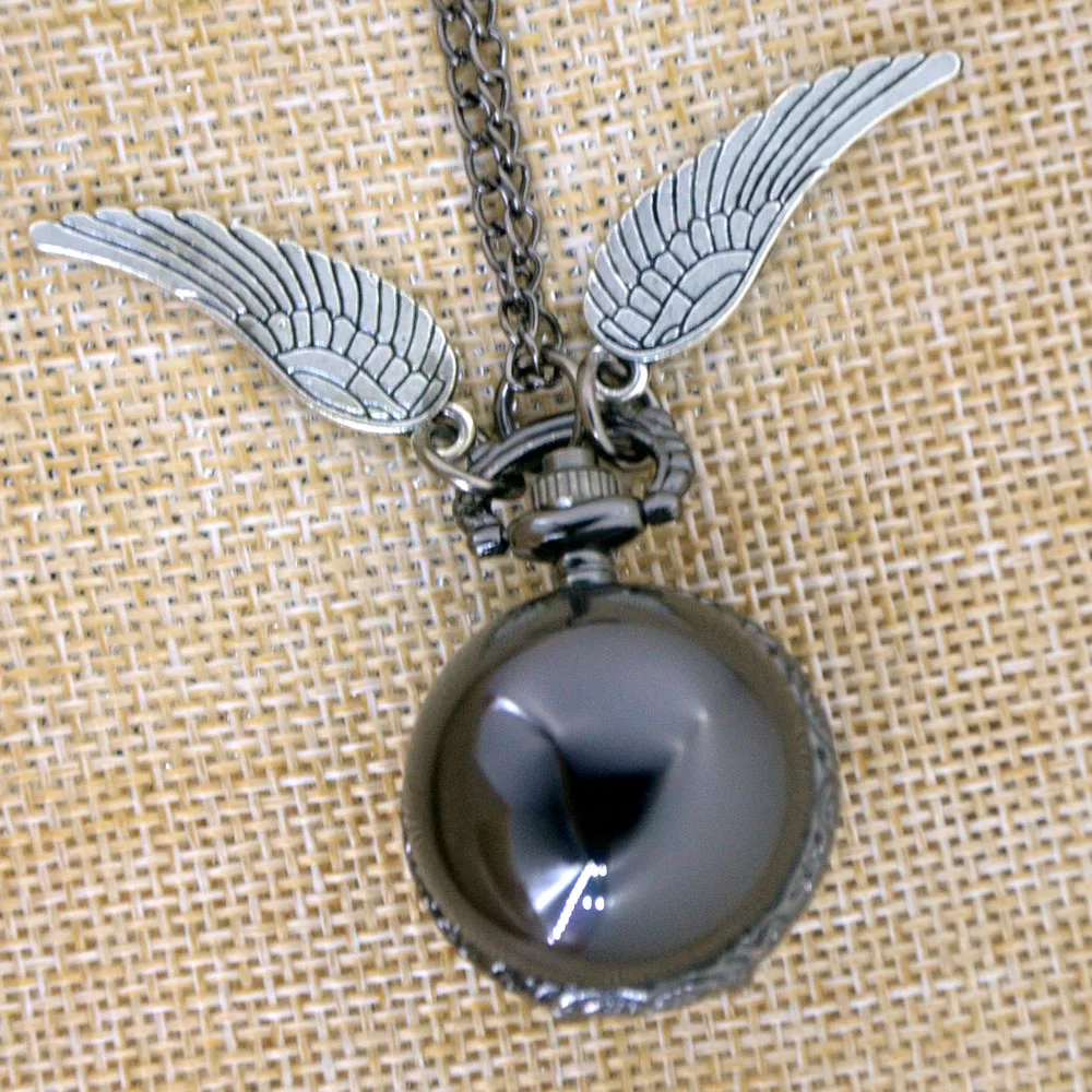 Vintage Black Smooth Harry Potter Ball Silver Wings Quartz Pocket Watch Analog Pendant Necklace Mens Womens Watch Gifts Chain