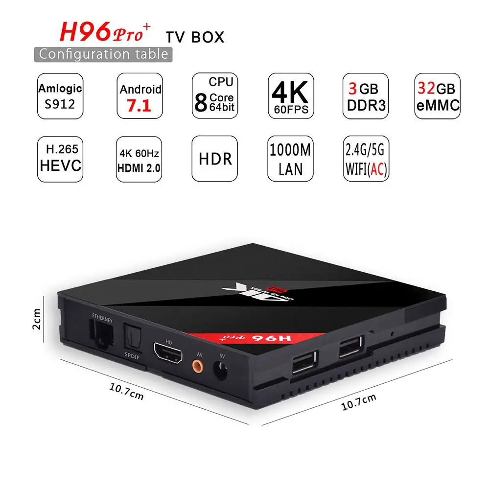LumiParty мини-медиаплеер Декодер каналов кабельного телевидения H96 Pro+ ТВ box Amlogic S912, 3 Гб оперативной памяти, 32 Гб встроенной памяти, Octa Core, Android7.1 BT 4,1 2,4 ГГц+ 5,0 ГГц Wi-Fi, r29