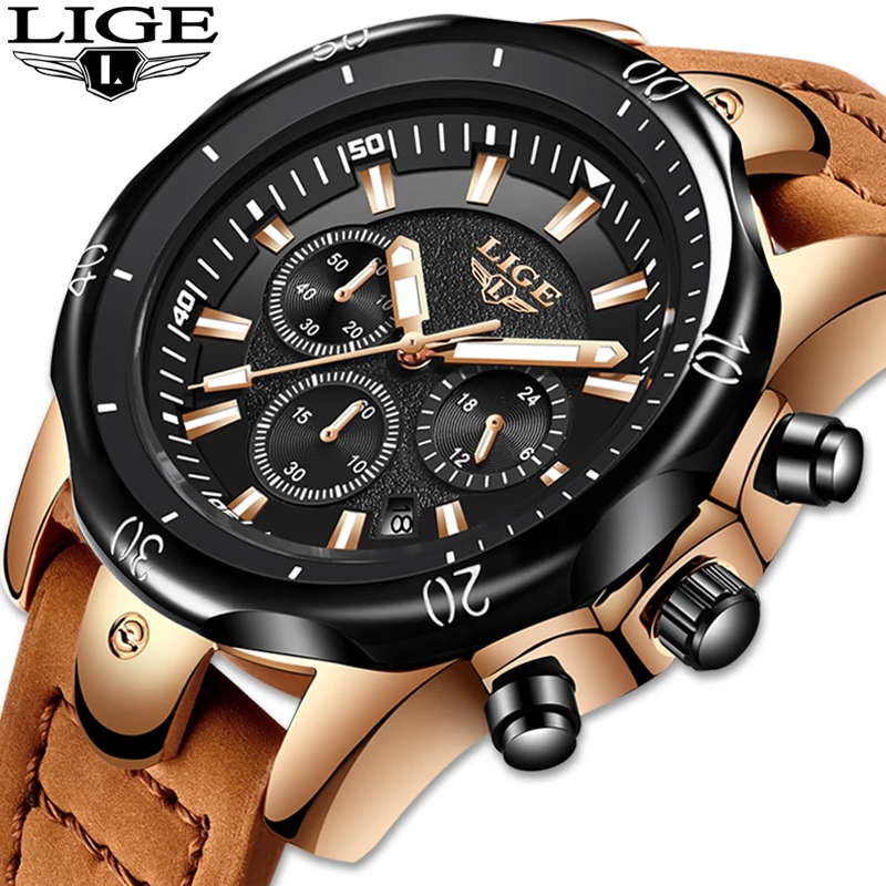 

Relojes Hombre 2019 New LIGE Quartz Wristwatch Male Large Dial Gold Black Leather Watches Men Wild Sports Waterproof Chronograph