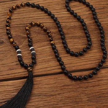 

Hot Sale 8MM Natural Tiger Eye Stone Black Obsidian 108 Mala Beads Knotted Strand Necklace Male Female Yoga Jewelry Wholesale