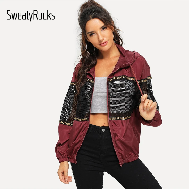 SweatyRocks Burgundy Athleisure Mesh Insert Drawstring Hooded Windbreaker Jacket 2018 Women Autumn Casual Overcoat And Tops