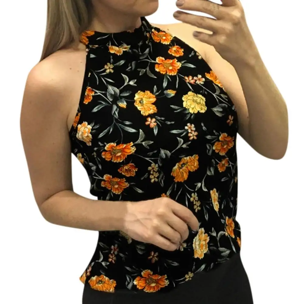 

Womens Tank Tops Summer Sleeveless Loose Floral Printed Fashion Sexy Halter Plus Size Ladies Top camiseta lencera mujer #3F