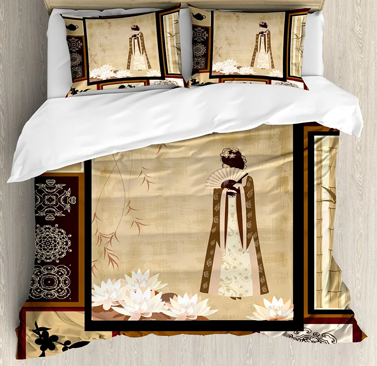 Japanese Duvet Cover Set, Girl in Traditional Dress and Cultural