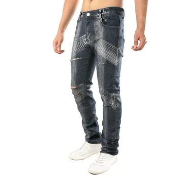 

Trade Summer Mens Streetwear Hole Elastic Jeans Casual Distressed Slim Pencil Jeans Pants Striped Printed men trousers