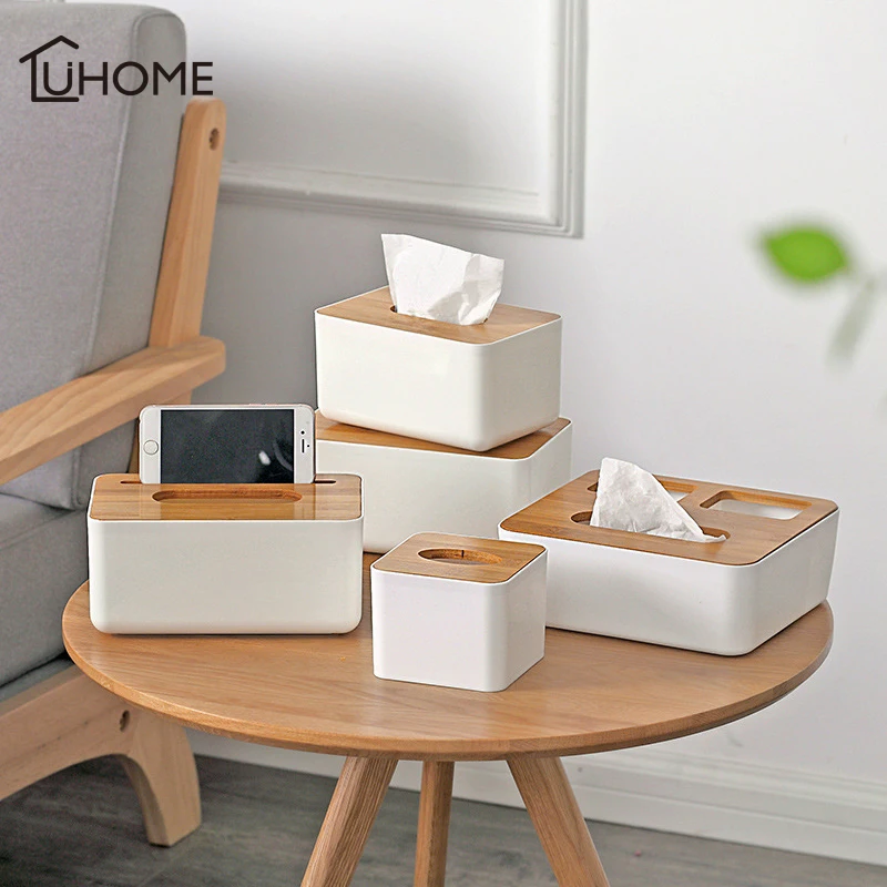 

Modern White Color Tissue Containers with Phone Holder Bamboo Cover Home Car Napkin Paper Container Towel Napkin Case Home Decor