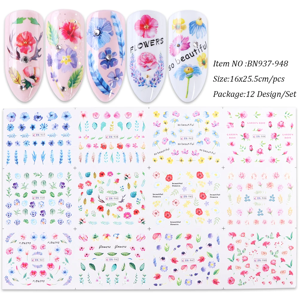 12 дизайнерские наклейки для ногтей переводные наклейки Фламинго перо изображения Слайдеры для ногтей Morandi цветная обертка маникюр декор TRBN913-984