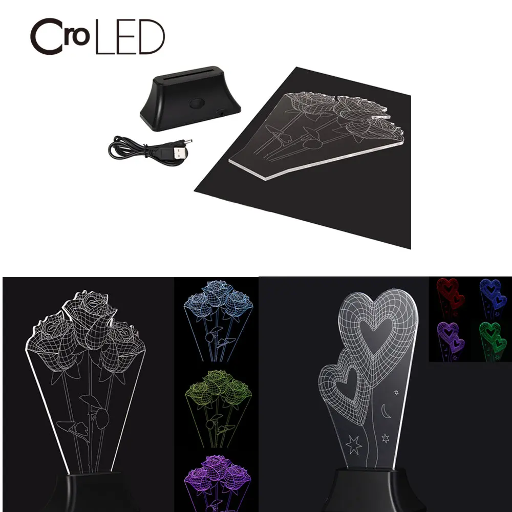 Cсветодио дный ro LED светодио USB 3D RGB Красочные розы сердца ночник акрил визуальный