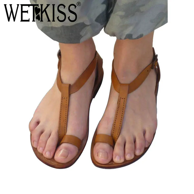 Женские пляжные сандалии WETKISS на плоской подошве с Т образным ремешком и пряжкой