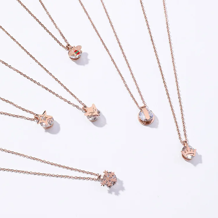 

Sweet Rose Gold Titanium Stainless Steel Chain Zircon Snowflake Crown Star Animal Pendant Choker Necklace for Women Jewelry Gift