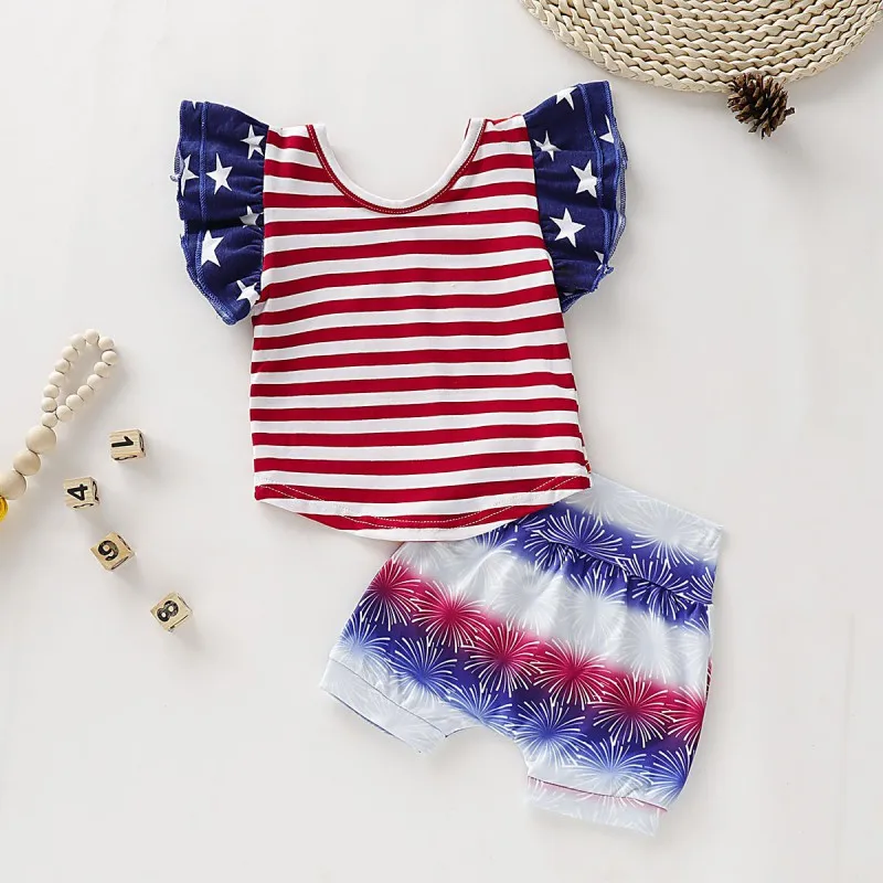 2Pcs/Set Summer Baby Boys Girls Casual Flare Sleeve Stripe Star Print T-shirt Tops+Shorts Costume Set 2Pcs/Set Summer Baby Boys Girls Casual Flare Sleeve Stripe Star Print T-shirt Tops+Shorts Costume Set