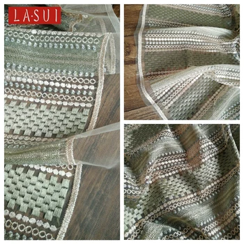 

LASUI 2017 Middle East-style embroidery pattern striped soft mesh lace cloth fabric Army Green X0256