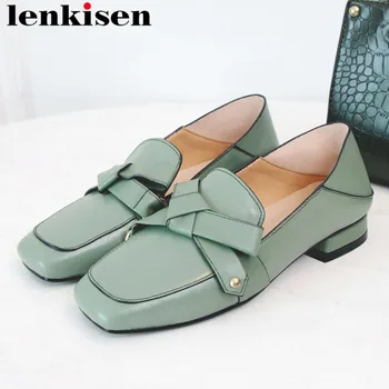 

Lenkisen handmade natural leather classic square toe chunky low heels slip on bow-knot rivets shallow pumps leisure shoes L19