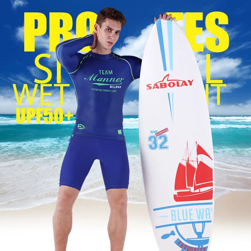 

SABOLAY Men Rashguard Lycra Wetsuit Surf Sun Protection T Shirt Jellyfish Clothing Long Sleeved Tight Fitting sexy swimsuit