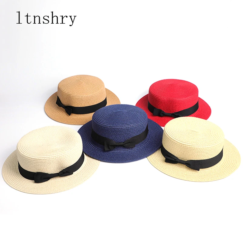 2019 Parent-child wholesale sun flat straw hat boater hat girls bow summer Hats For Women kid and Beach flat panama straw hat