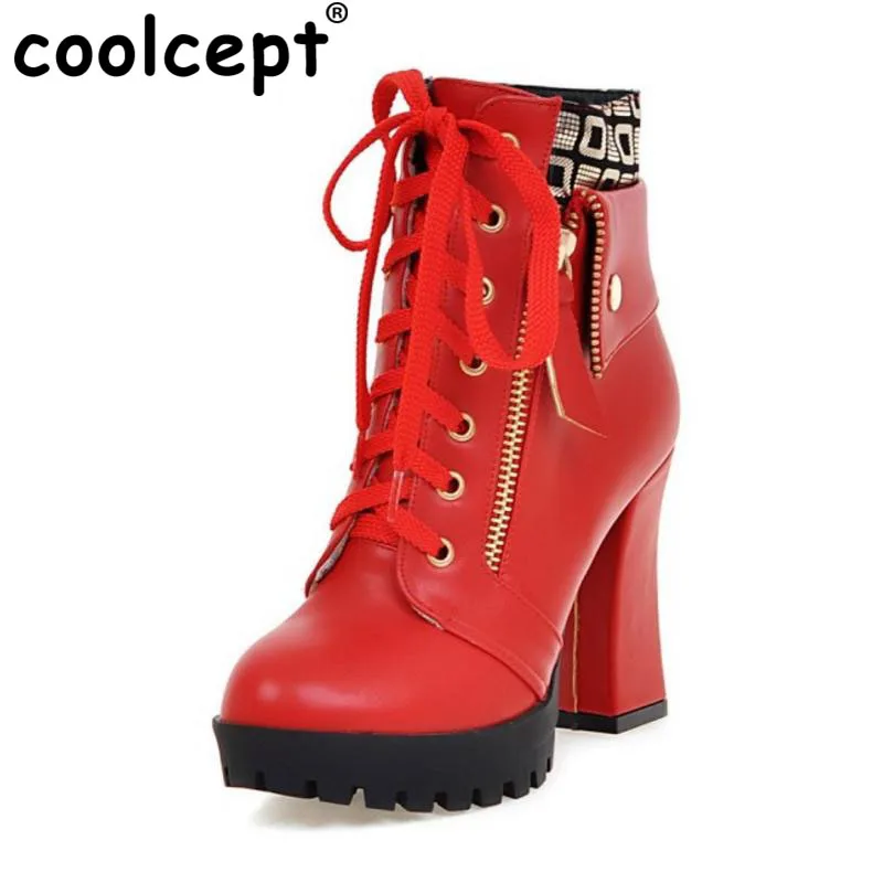 

Coolcept Size 32-43 Women Thick High Heels Mid Calf Boots Women Cross Strap Zipper Platform Shoes Women Winter Warm Plush Botas