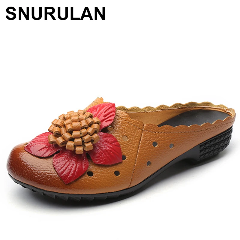 

SNURULAN Summer Women Sandals Fashion Soft Leather Genuine Flower mother Flat shoes Woman Handmade Casual SandalsE177