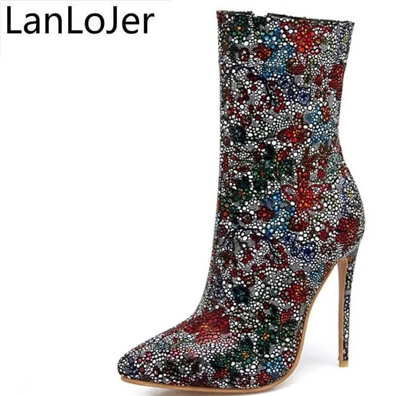

LanLoJerRhinestone Pointed Toe Shoes Woman Fashion High Heels Short Boots Ladies Bling Mid-calf Boots Sexy Thin High Heels 33-48