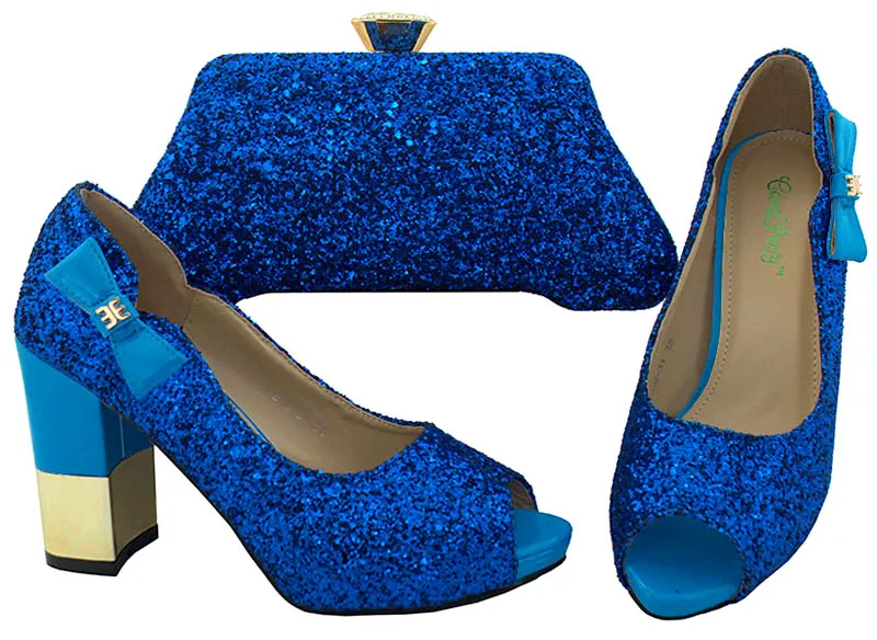 

Blue Color Ladies Matching Shoe and Bag Set Decorated with Rhinestone Nigerian Party Shoe and Bag Set High Quality Shoes and Bag