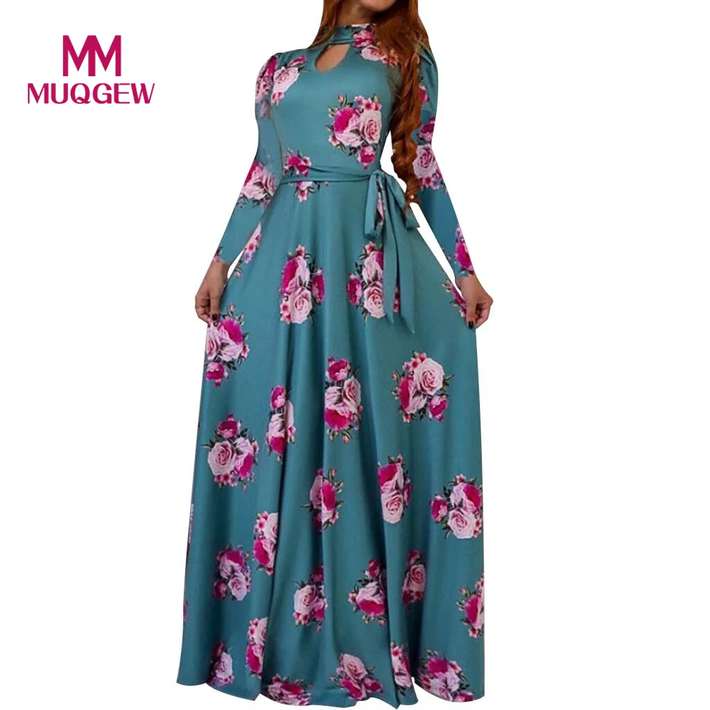 

2019 Elegant Women's Long Sleeve Print O Neck Watermark Digital Button Down Long Dress vestidos de verano robe femme ete 2019