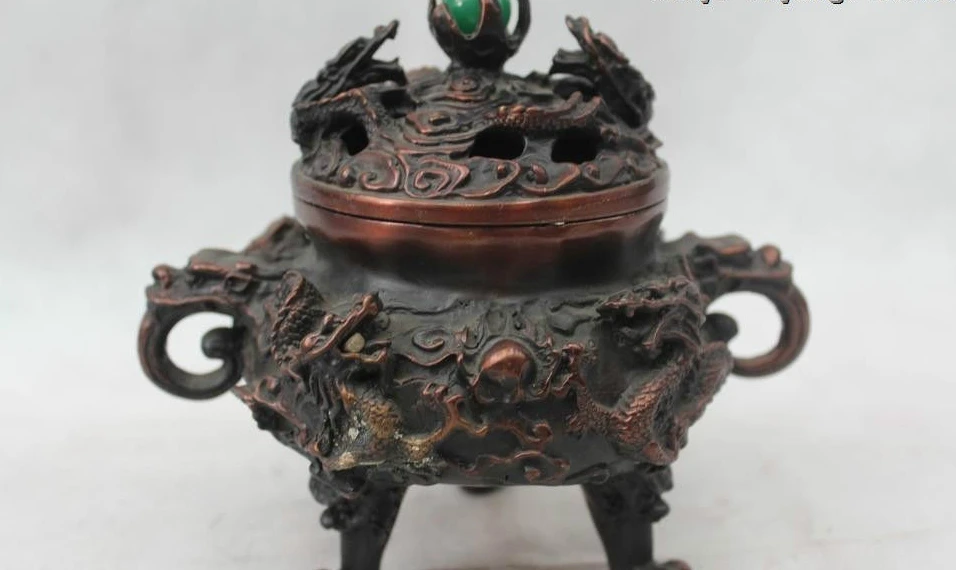 

6"Marked China Chinese Bronze Dynasty Nine Dragon Play Bead incense burner Statu