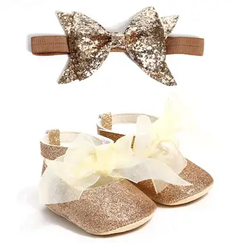 

2Pcs/Set Sequins big bow Hairband and soft sole PU first walker shoes cute Ribbon toddler baby Ballet Princess Shoes for 0-18M