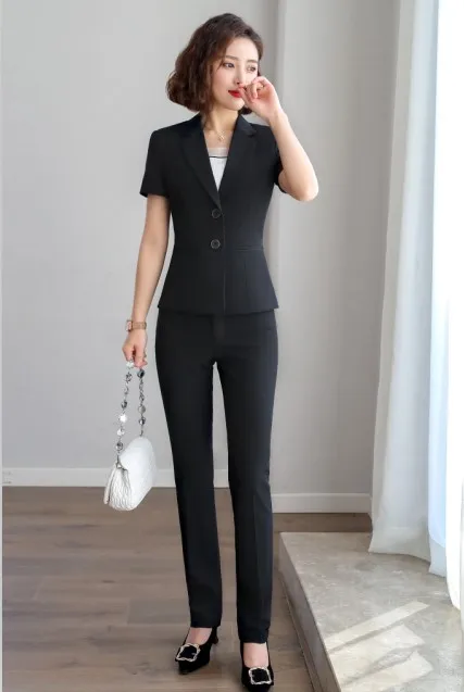 Black coat and pants Новые модные женские формальные Брюки Костюмы Набор Бизнес темперамент короткий рукав Тонкий Блейзер и брюки офисная Дамская Рабочая одежда - Цвет: Black coat and pants
