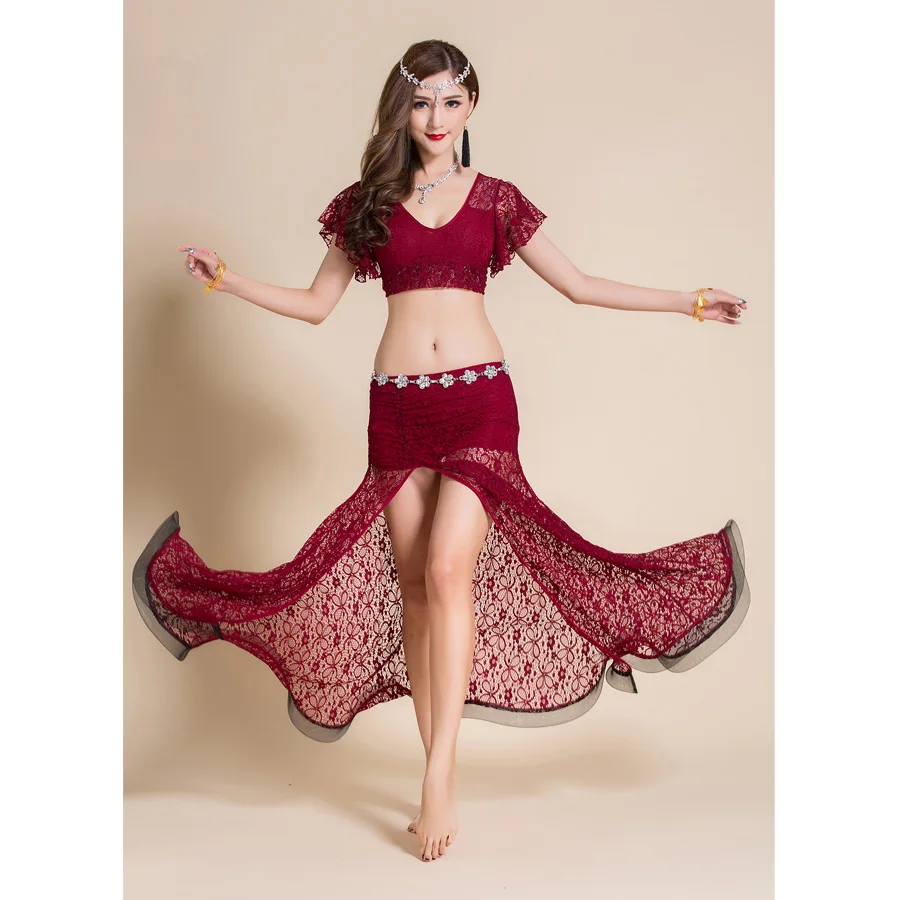 2-Pieces-Women-Belly-Dance-Costume-Lace-Top-Long-Skirt-Sexy-Outfits-Dancewear-V-neck-Bellydance