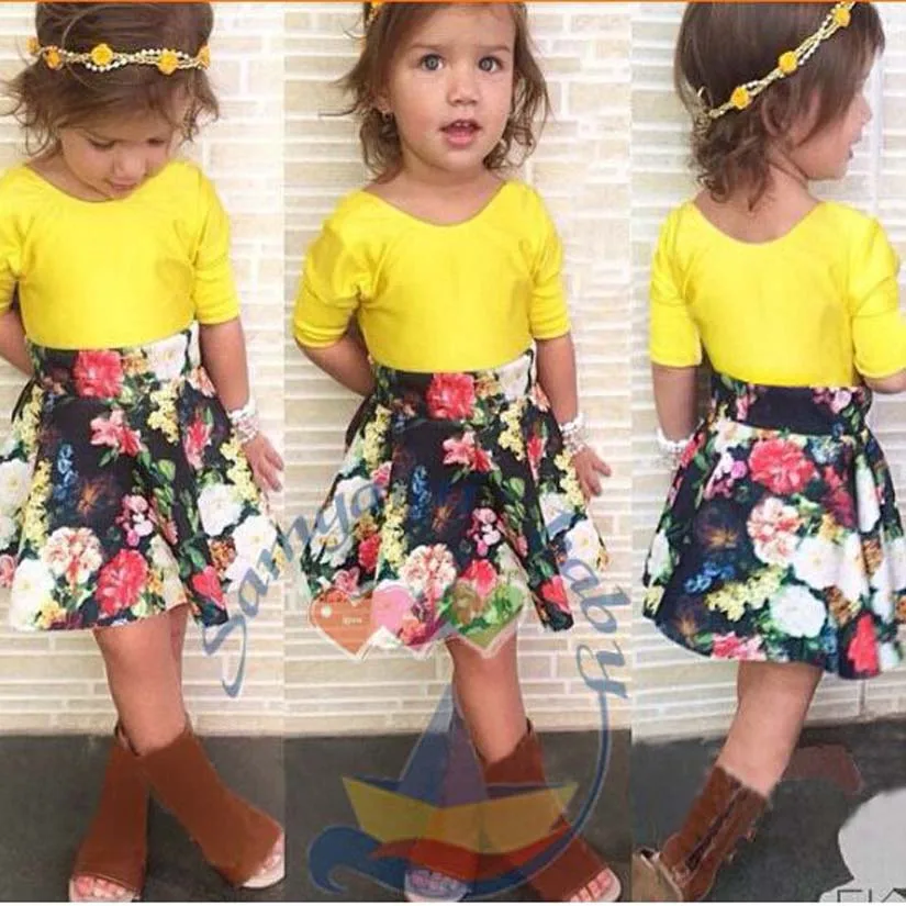 New Arrival 2017 Girls Flower Printed Clothing Set Children Clothes Kids Summer Costume Retail YAZ023