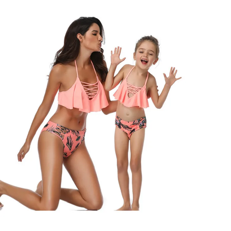 Mother Daughter matching Swimsuits Printing piece double lotus leaf Parent-Child Swimwear Family Matching Swimsuit Outfits - Color: 1