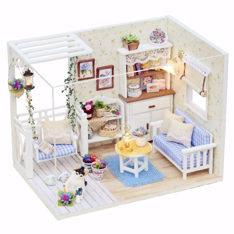 

1/24 DIY Dollhouse Toys For Childern Kids Miniature Kit With LED Light Cover Wood Toy Doll House Furniture Room Kitten Diary