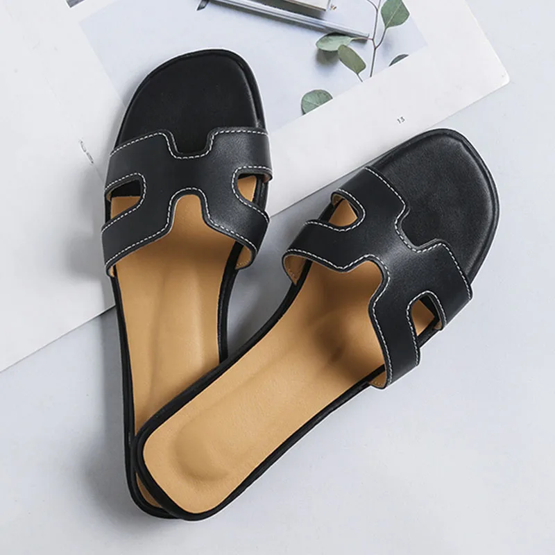 White Black Slides Flat Mule Shoes Woman Simplicity Solid Rubber Sole ...