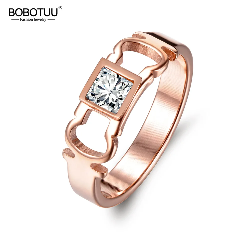 

BOBOTUU Simple Rose Gold Color Ring Stainless Steel Geometric Square Cut 1ct Cubic Zirconia Rings Jewelry For Women Gift BR17034