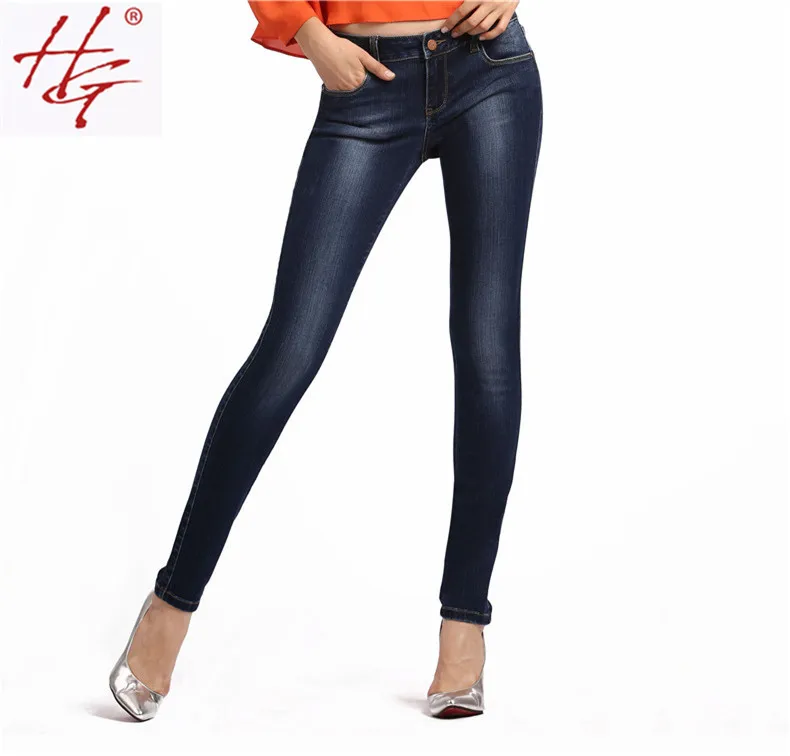HG#X07 high quality slim jeans lady mid waist deep blue