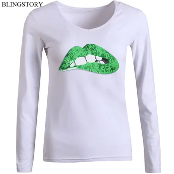 

BLINGSTORY Women T Shirt Tops Long Sleeve V-neck Autumn Plus Size Lady Graphic Tee Sequin Lips White Tshirt S-6XL