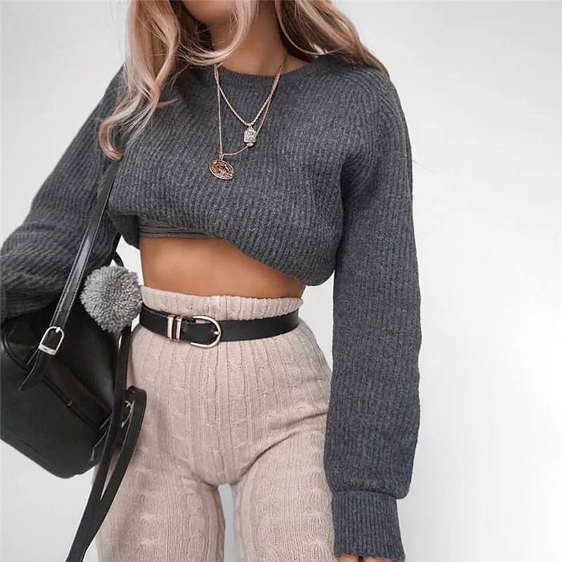 Fashion Women Solid O-Neck Knitted Warm long Latern Sleeve Sweater Loose knit pullover sweater women winter 2018 N06#N (5)
