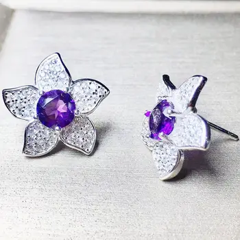

Per jewelry Natural real amethyst flower style stud earring Free shipping 925 sterling silver 0.4ct*2pcs gemstone T8100101