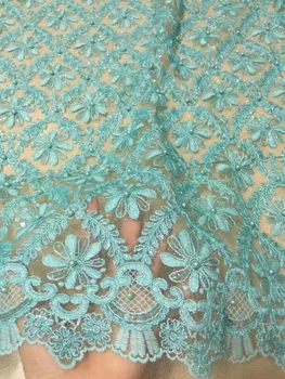 

Beautifical Green french lace fabric 2018 Grass Green embroidered fabric nigerian tulle mesh lace with 3 d flowers beaed