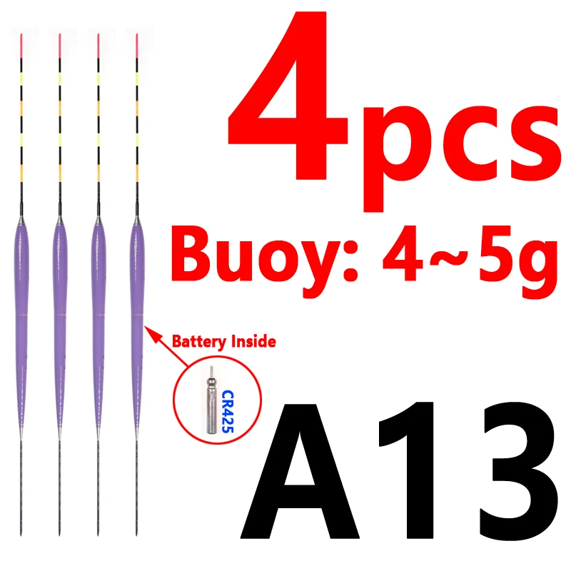 4 шт. электронный поплавок для ловли карпа, светящийся поплавок для ночной рыбалки, поплавок для рыбы CR425, аккумулятор/дополнительно перезаряжаемый - Цвет: 4pcs float A13