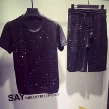 Лето европейский шоу-стиль горячий Просверленный круглый воротник короткий рукав свободный полный Просверленный короткий костюм мужской модный спортивный костюм 8